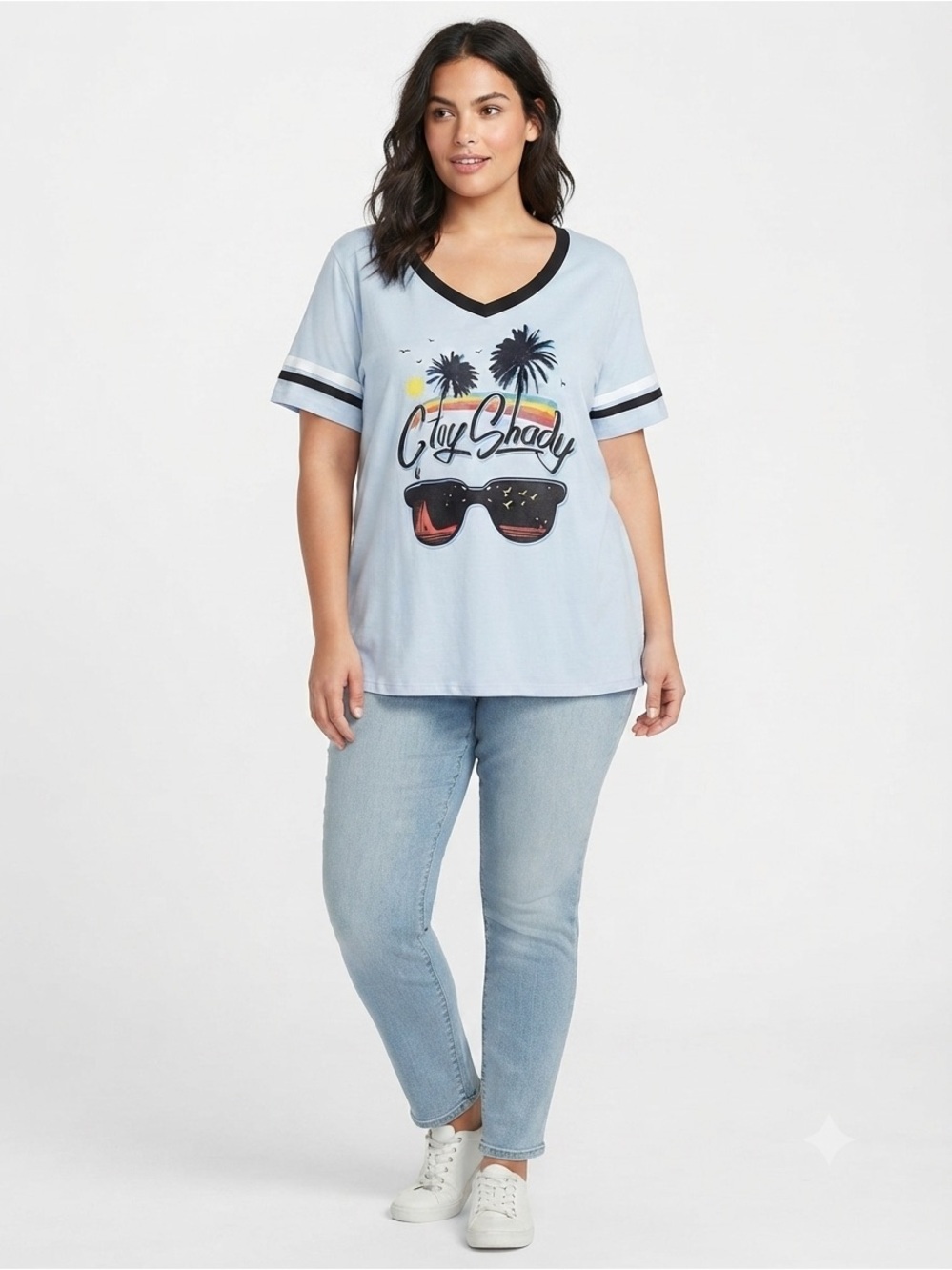 Stay Shady Graphic V-Neck Tee - White with Rainbow & Black Accents NWT 1X